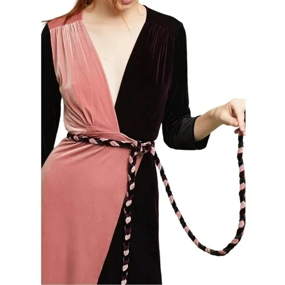 MISA Los Angeles Dress Paloma Burgundy Blush Velvet Wrap Dress Braided Event NWT - Picture 5 of 11